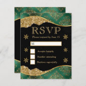 Elegant Green & Gold Snowflake Wedding RSVP Karte (Vorne/Hinten)