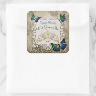 Elegant Green Gold Tiara Gastgeschenk Quinceanera Quadratischer Aufkleber