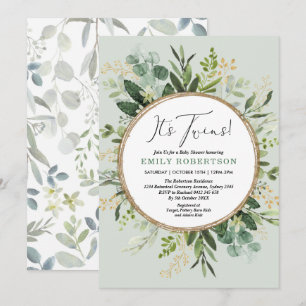 Elegant Green Gold Twins Greenery Baby Shower Einladung