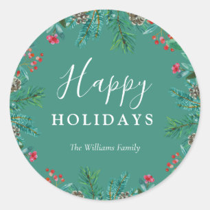 Elegant Green Happy Holidays Wreath Familienname Runder Aufkleber
