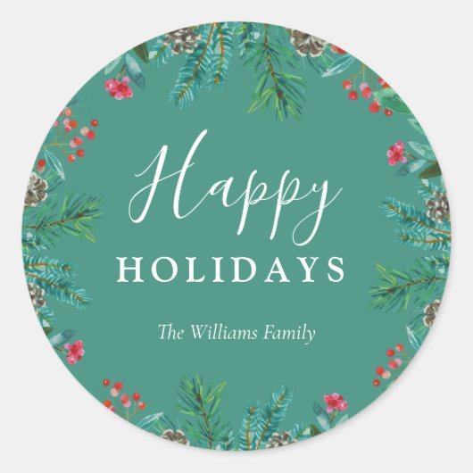 Elegant Green Happy Holidays Wreath Familienname Runder Aufkleber (Vorderseite)