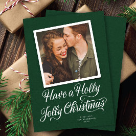 Elegant Green Holly Jolly Christmas Script Photo Feiertagskarte