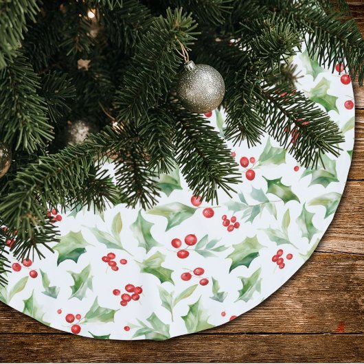 Elegant Green Holly Verlasst Red Berries Polyester Weihnachtsbaumdecke
