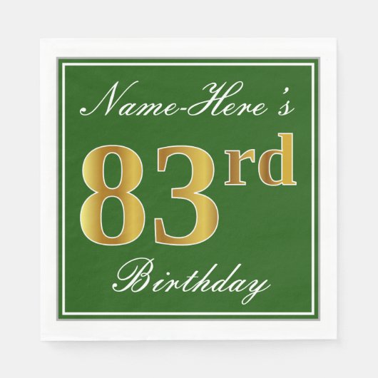 Elegant Green, Imitate Gold 83. Geburtstag + Name Serviette (Vorderseite)