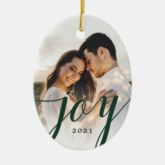 Elegant Green Joy Script Foto Weihnachten Keramik Ornament (Vorne)