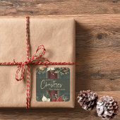 Elegant Green Kariert Poinsettias Frohe Weihnachte Quadratischer Aufkleber