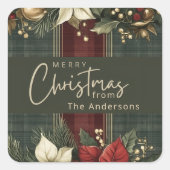 Elegant Green Kariert Poinsettias Frohe Weihnachte Quadratischer Aufkleber (Vorderseite)