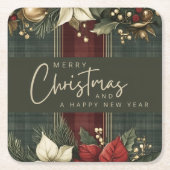 Elegant Green Kariert Red Poinsettia Frohe Weihnac Rechteckiger Pappuntersetzer (Vorderseite)