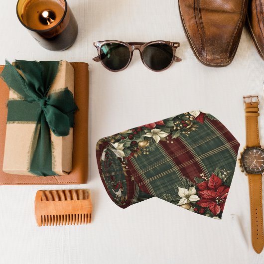 Elegant Green Kariert Red Poinsettia Weihnachten Krawatte