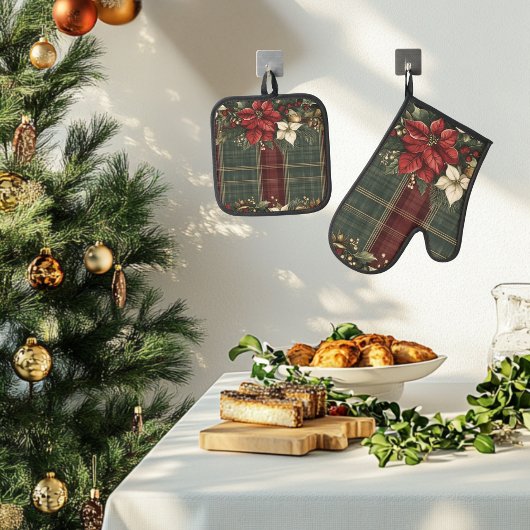 Elegant Green Kariert Red Poinsettia Weihnachten Ofenhandschuh & Topflappen-Set