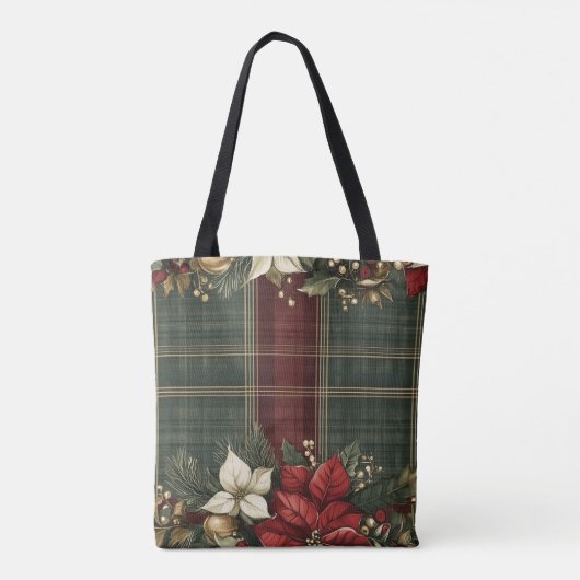 Elegant Green Kariert & Red Poinsettia Weihnachten Tasche (Rückseite)