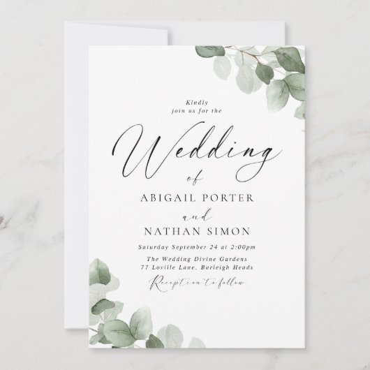 Elegant Green Leaf Script Wedding Einladung (Vorderseite)