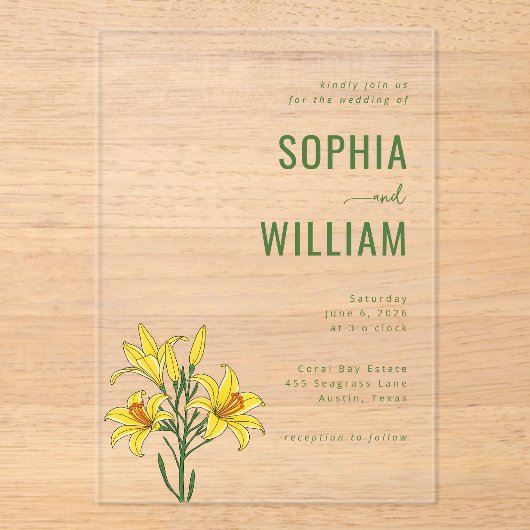 Elegant Green Lily Wedding Invitation Acryleinladungen (Vorderseite)