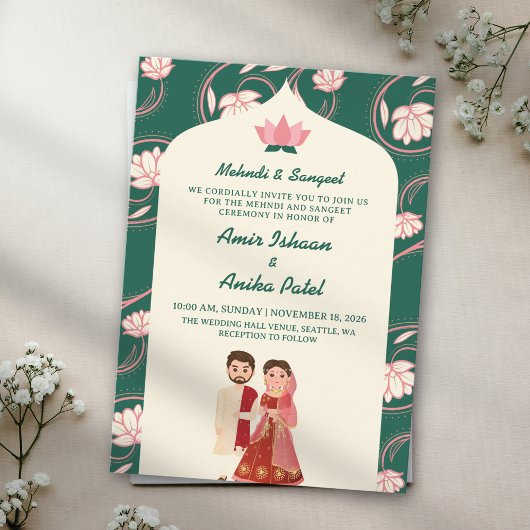 Elegant Green Lotus Lanterns Mehndi Sangeet Indian Einladung