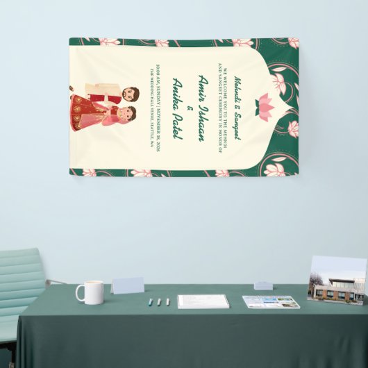 Elegant Green Lotus Lanterns Mehndi Sanget Indian Banner (Messeveranstaltung)