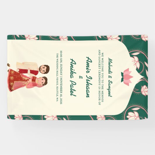 Elegant Green Lotus Lanterns Mehndi Sanget Indian Banner (Horizontal)