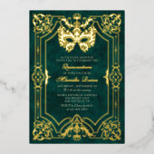 Elegant Green Masquerade Maske Quinceanera Folieneinladung (Vorderseite)
