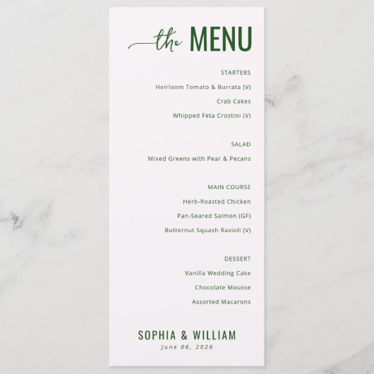 Elegant Green Minimalist Menu Menükarte (Vorderseite)