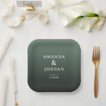 Elegant Green Minimalist Pappteller<br><div class="desc">This elegant wedding plate features a sophisticated gradient background transitioning from soft mint to deep forest green, creating a calming and natural aesthetic. The design showcases clean, modern typography with centered names and details in a minimalist sans-serif font, emphasizing clarity and simplicity. Perfect for formal occasions, the understated elegance of...</div>