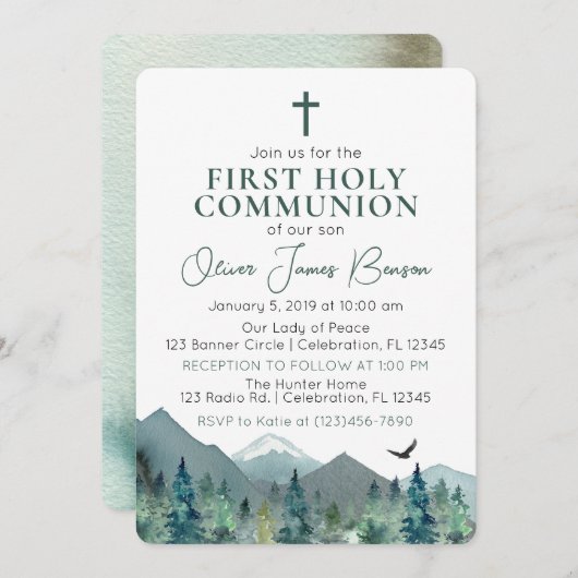 Elegant Green Mountain Boy Erste Heilige Kommune Einladung (Vorne/Hinten)
