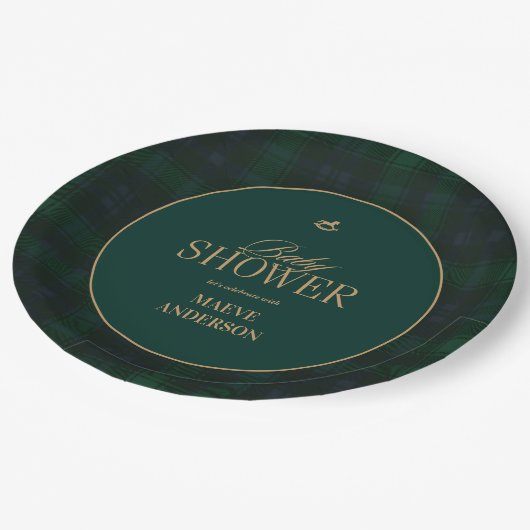 Elegant Green navy Plaid Baby Shower Pappteller (Schrägansicht)