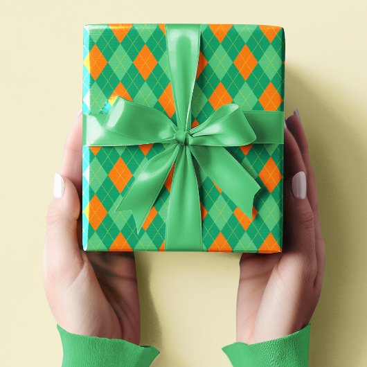 Elegant Green & Orange Raute St Patrick's Day Geschenkpapier