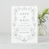 Elegant Green Ornate Floral Frame Wedding Save The Date (Stehend Vorderseite)