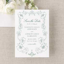 Elegant Green Ornate Floral Frame Wedding Save The Date