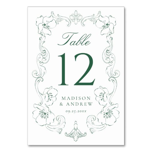 Elegant Green Ornate Floral Frame Wedding Tischnummer (Vorderseite)