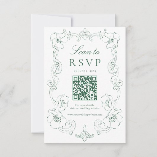 Elegant Green Ornate Floral QR Code Wedding RSVP Karte (Vorderseite)