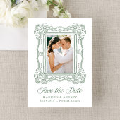 Elegant Green Ornate Frame 2 Photo QR Code Wedding Save The Date