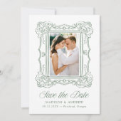 Elegant Green Ornate Frame 2 Photo QR Code Wedding Save The Date (Vorderseite)