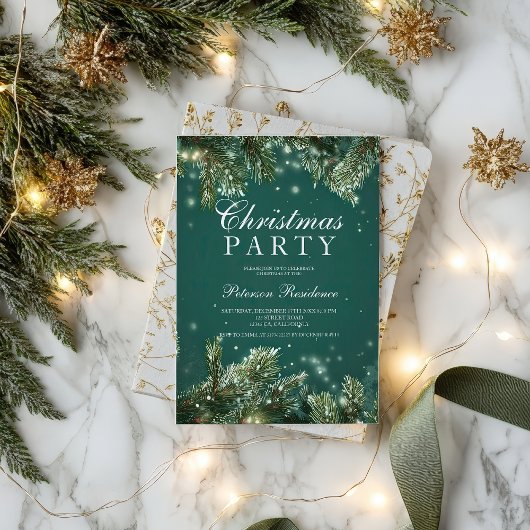 Elegant green pine snowy Holiday Christmas party Einladung