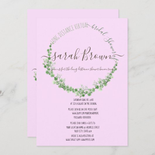 ELEGANT GREEN & PINK FOLIAGE VIRTUAL BRAUTPARTY EINLADUNG (Vorne/Hinten)