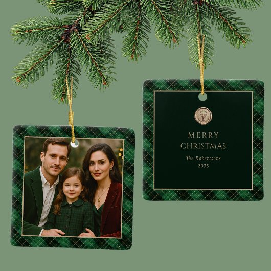 Elegant Green Plaid Personalized Photo  Keramikornament