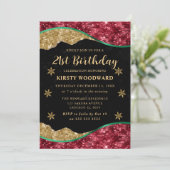 Elegant Green Red & Gold Snowflake 21st Birthday Einladung (Stehend Vorderseite)