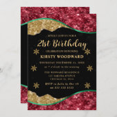 Elegant Green Red & Gold Snowflake 21st Birthday Einladung (Vorne/Hinten)