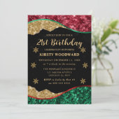 Elegant Green Red & Gold Snowflake 21st Birthday Einladung (Stehend Vorderseite)