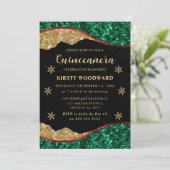 Elegant Green Red & Gold Snowflake Quinceanera Einladung (Stehend Vorderseite)