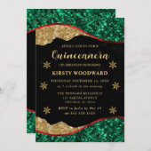 Elegant Green Red & Gold Snowflake Quinceanera Einladung (Vorne/Hinten)