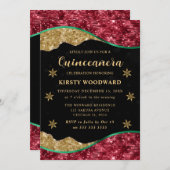 Elegant Green Red & Gold Snowflake Quinceanera Einladung (Vorne/Hinten)