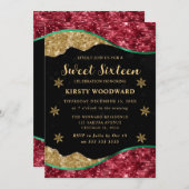 Elegant Green Red & Gold Snowflake Sweet 16 Einladung (Vorne/Hinten)