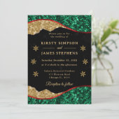 Elegant Green Red & Gold Snowflake Wedding Einladung (Stehend Vorderseite)