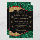 Elegant Green Red & Gold Snowflake Wedding Einladung (Vorne/Hinten)