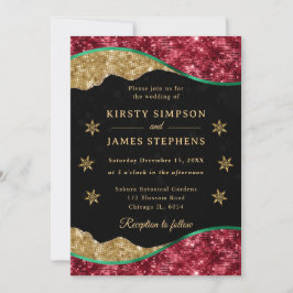 Elegant Green Red & Gold Snowflake Wedding Einladung