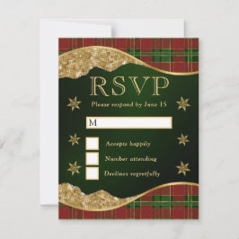 Elegant Green & Red Plaid Snowflake Wedding RSVP Karte