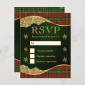 Elegant Green & Red Plaid Snowflake Wedding RSVP Karte (Vorne/Hinten)