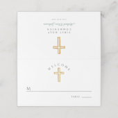 Elegant Green Script Cross First Holy Communion Platzkarte (Außenseite Aufgefaltet)