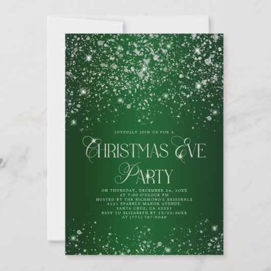 Elegant Green Silver Glitter Christmas Eve Party Einladung (Vorderseite)
