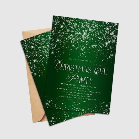 Elegant Green Silver Glitter Christmas Eve Party Einladung